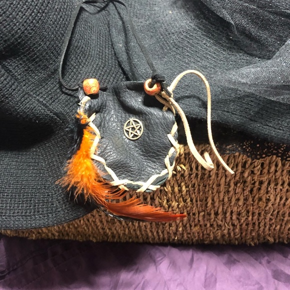 Black Leather Pouch with Orange Feather Accents - Picture 3 of 7